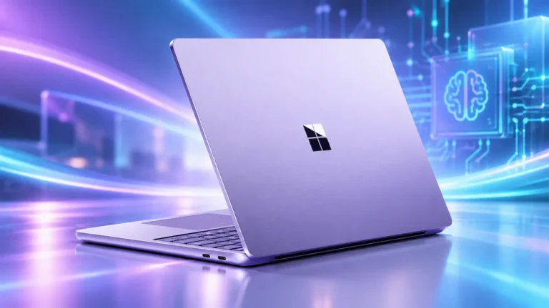 Microsoft Surface Laptop with Snapdragon X2 Plus shown against a futuristic AI-themed background