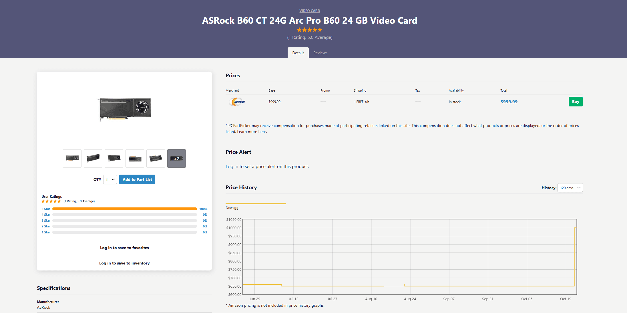 PCPartPicker chart showing Newegg's ASRock Arc Pro B60 24GB price jumping from roughly $650 to $999.99 in late October.