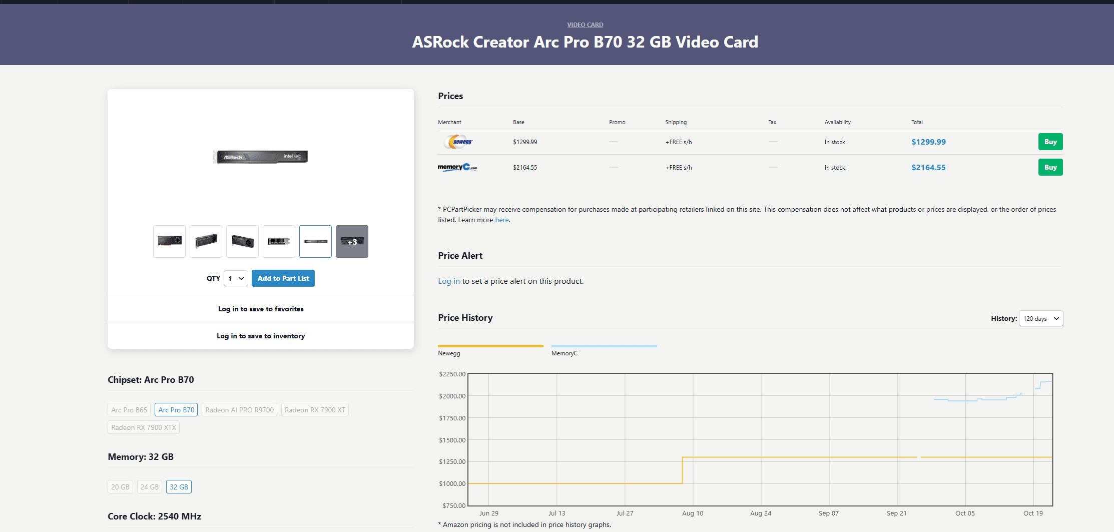 PCPartPicker chart showing Newegg's ASRock Arc Pro B70 32GB price rising from approximately $1,000 to $1,300 in early August.