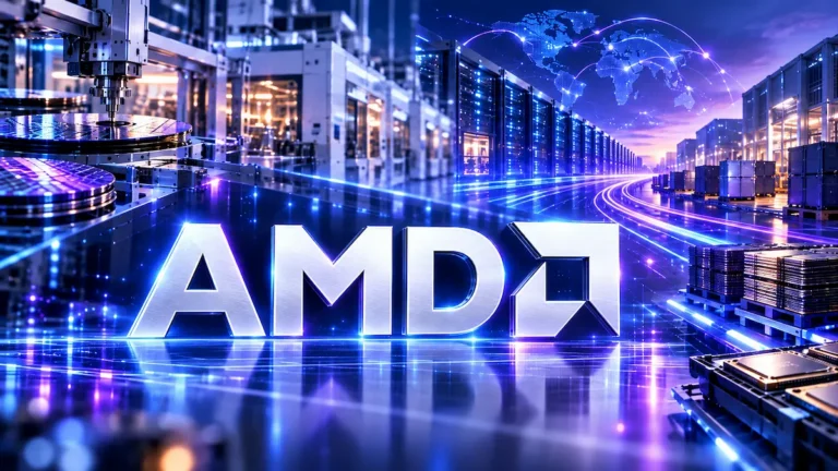 AMD logo over semiconductor manufacturing and data center infrastructure