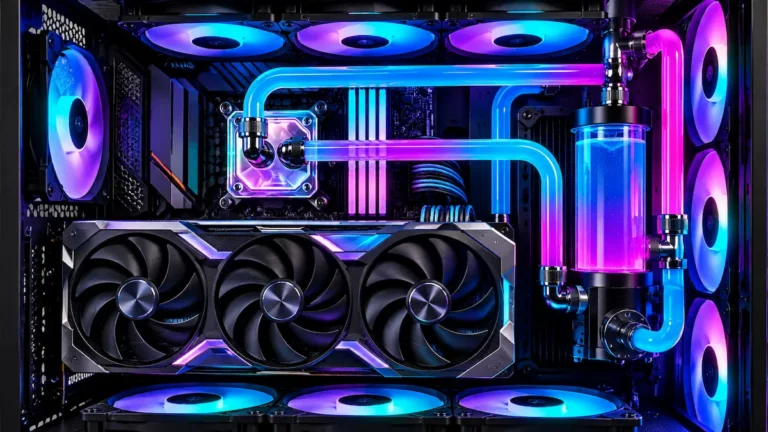 High-performance desktop PC with custom liquid cooling, RGB radiator fans, hardline tubing, and a triple-fan graphics card.