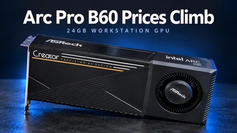 ASRock Intel Arc Pro B60 24GB graphics card beneath the headline “Arc Pro B60 Prices Climb.”