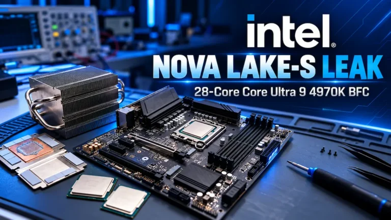Intel Nova Lake-S desktop CPU leak featuring the Core Ultra 9 4970K BFC and motherboard test bench