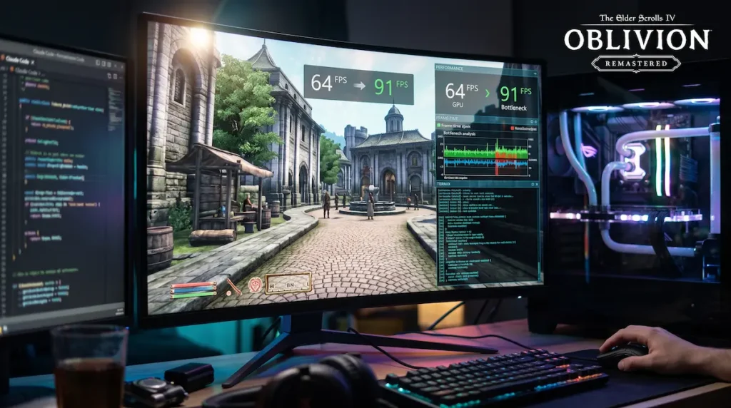 Dual-monitor PC setup showing Oblivion Remastered running at 91 FPS alongside code debugging windows and hardware frame-time graphs.