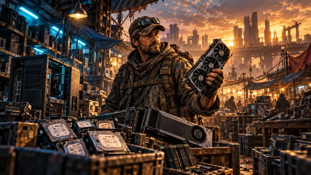 Scavenger-style buyer in a used PC hardware market holding a graphics card among hard drives, server parts, and computer components